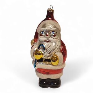 Vintage Blown Glass Santa Ornament Christmas 5.5 Tall, Hand Painted, Blue Cane